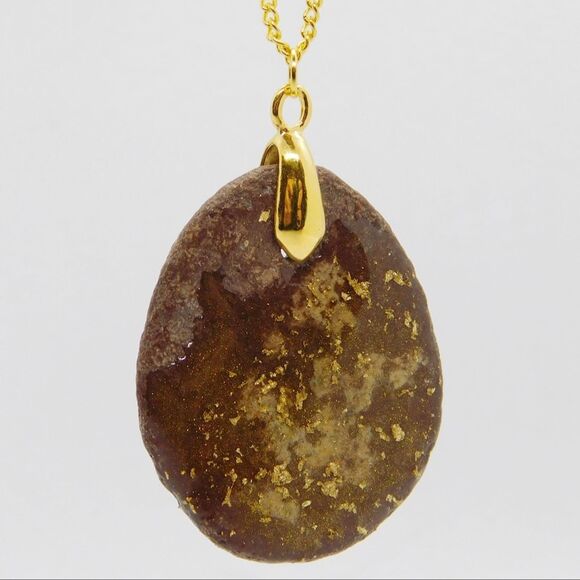 Gold Flecked Resin on Flat Brown Stone Necklace - Picture 8 of 10